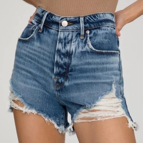 Good American Pants - Good American Bombshell Distressed Jean Denim Shorts Medium Wash‎ Stretch Size 4